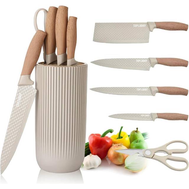 (Khaki) Kitchen Knife Set, 6-Pieces Khaki Sharp Knife Set for Kitchen, Non-Stick Non-Slip Stainless Steel Chef Knife Set with Universal Knife Block Su