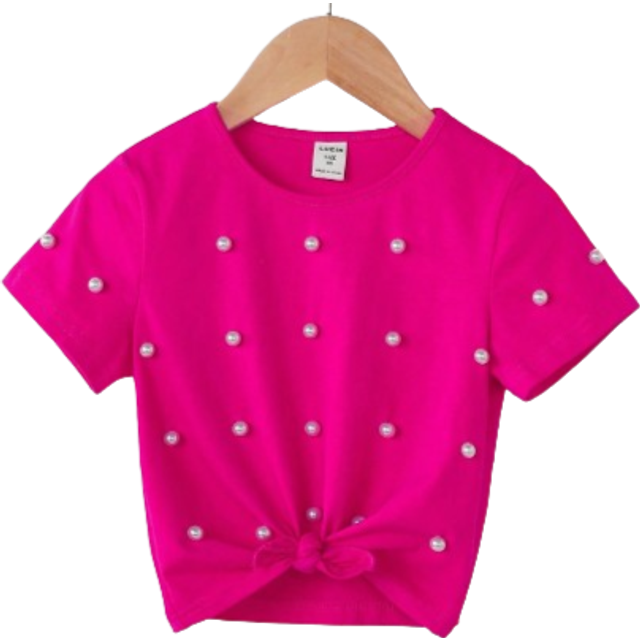 SHEIN Young Girl Knitted Pink T-Shirt With Faux Pearl And Knot Hem