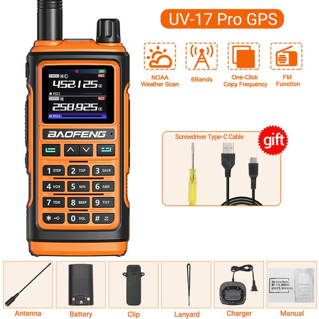 (Orange) UV-17 Pro GPS Walkie Talkie Air Band FM Long Range Radio Wireless Copy Frequency Handheld DTMF Two Way