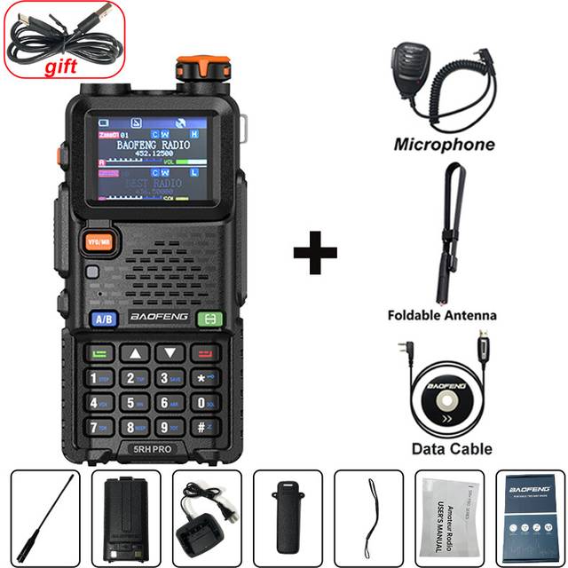 (Mic-TX-Cable) UV-5RH PRO Walkie Talkie GPS Six Band AM FM Wirless Copy Frequency 640CH Type-C Fallback Alarm Long