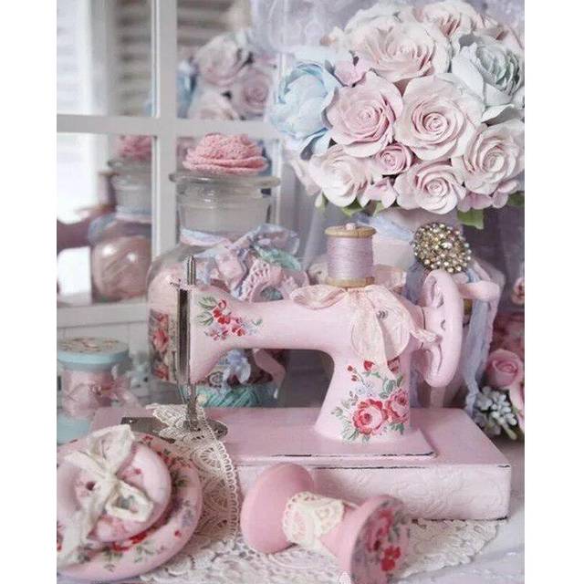 Diamond Painting Sewing Machine Flower Full Round Drill Mosaic Cross Stitch Diamond Embroidery 20X30CM