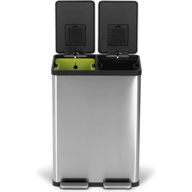 Simpli-Magic 60 liter/16 gallon rektangulär handsfree dubbla fack återvinning kök trappa papperskorg med mjukt stängande lock, borstat rostfritt stål