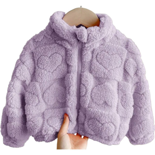 SHEIN Baby Girls&#39; Casual Chic Heart Pattern Fluffy Long Sleeve Stand Collar Jacket