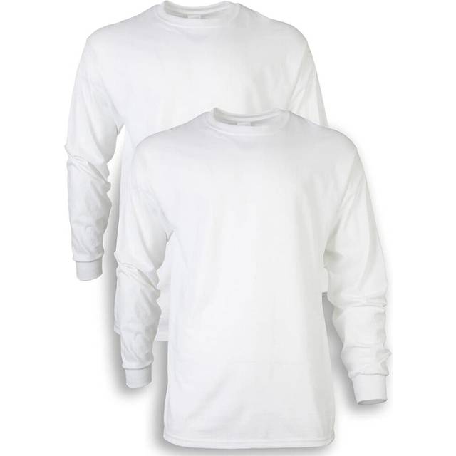 (White, M) 2 Pack Mens Cotton Crew Neck Long Sleeve Blank Plain Basic T-Shirt Tee Top Bulk