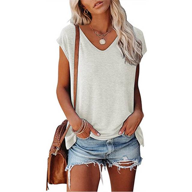 (White, L) Womens Casual Plain T-Shirt Loose Short Sleeve
