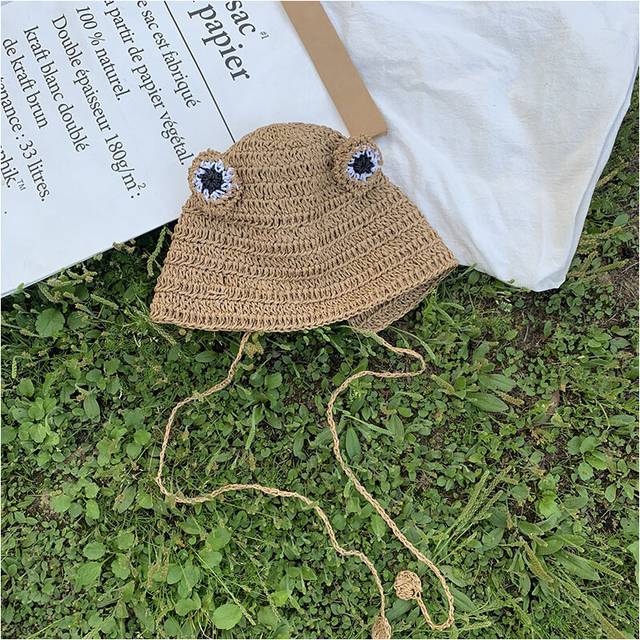(Coffee) Hat Versatile Style Straw Woven 4 Sweet And Cute Frog Shaped Hatscaps