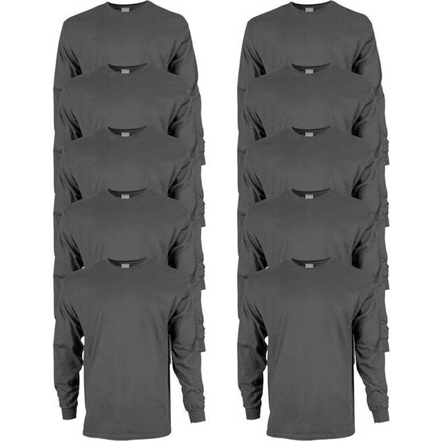 (Charcoal, 3XL) 10 Pack Mens Cotton Crew Neck Long Sleeve Blank Plain Basic T-Shirt Tee Top Bulk Classic Regular Fit