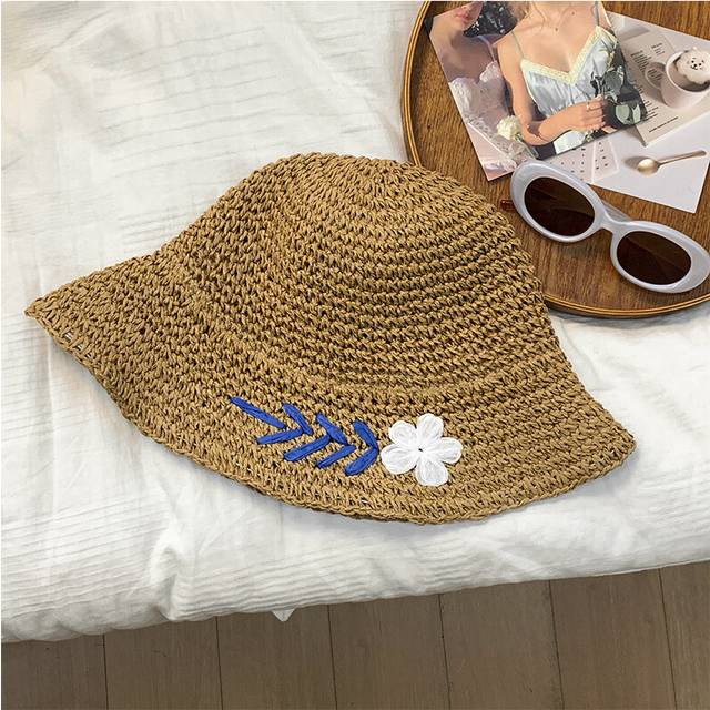 (Khaki) Versatile Hat Style Straw Woven Sweet Embroidered Flower Foldable Fisherman Hats