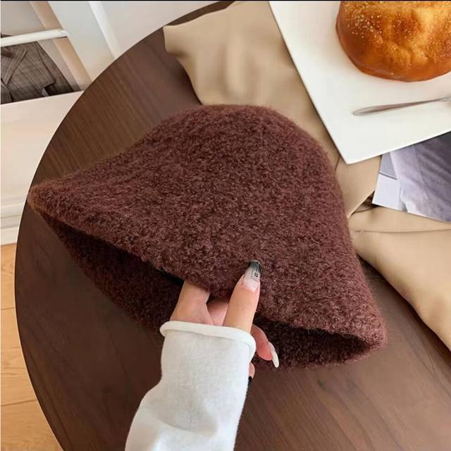 (Brown) Lambswool Fluffy Bucket Hat For Women Beige Warm And Cozy Winter Hat Fashionable And Stylish