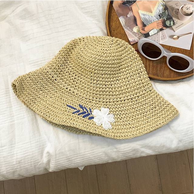(Beige) Versatile Hat Style Straw Woven Sweet Embroidered Flower Foldable Fisherman Hats