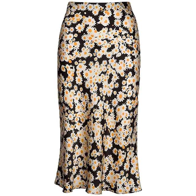 Womens Floral Midi Skirt High Waist Daisy Print Flowers Silk Satin Ski