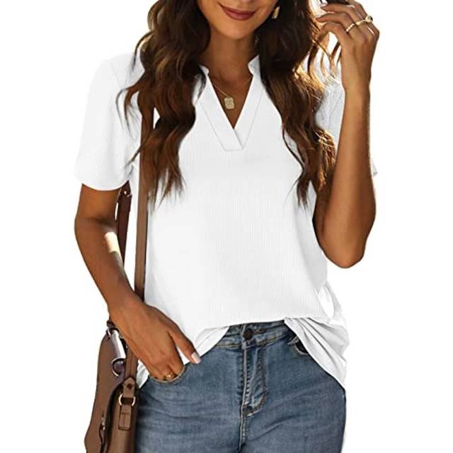 (White, M) Women T-Shirt V Neck Tops Loose Summer Ribbed Tees