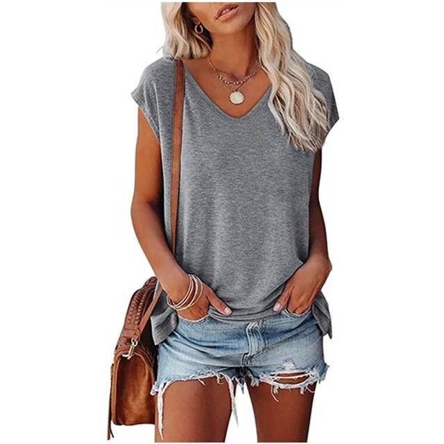 (Light Gray, XL) Womens Casual Plain T-Shirt Loose Short Sleeve