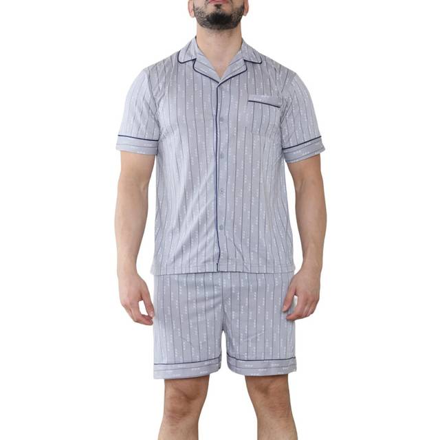 (Grey, XXL) Mens Pyjama Sets Short Printed Classic Short Sleeve Buttons Nightwear Soft PJ's