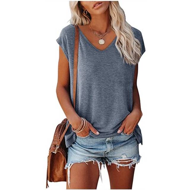 (Blue Gray, XL) Womens Casual Plain T-Shirt Loose Short Sleeve