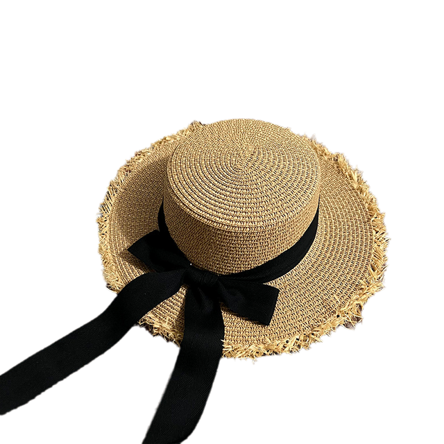 (Khaki Black) Hat Versatile Style Straw Woven 2color Sweet Bow Wide Brimmed Flat Hatscaps
