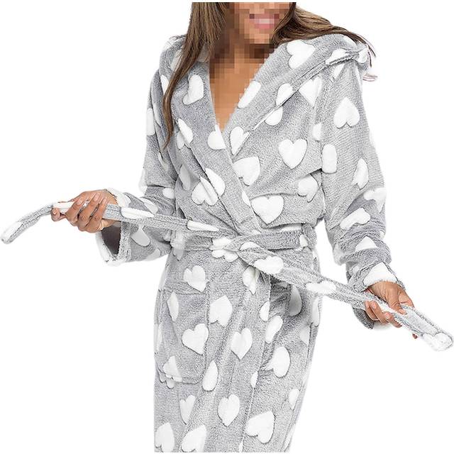(16-18, Grey) Women's Luxurious Heart Embossed Fleece Robe