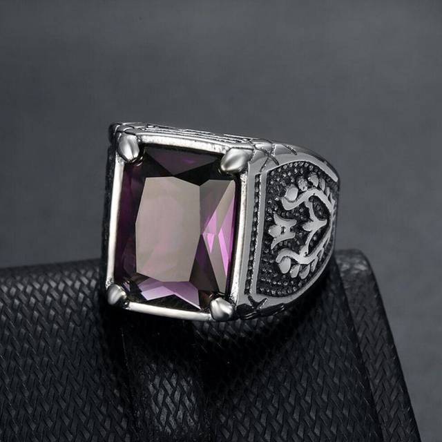 (purple, 13) Hip Hop Punk Vintage Ring For Men 316 Stainless Steel With Multicoloured Stones Tulip Motif Jewellery Men&apos;s Party Ring