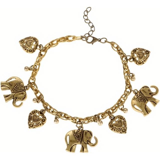 (Gold-color) Boho Vintage Carved Elephant Charm Bracelet - Romantic Heart Detail, Versatile Accessory