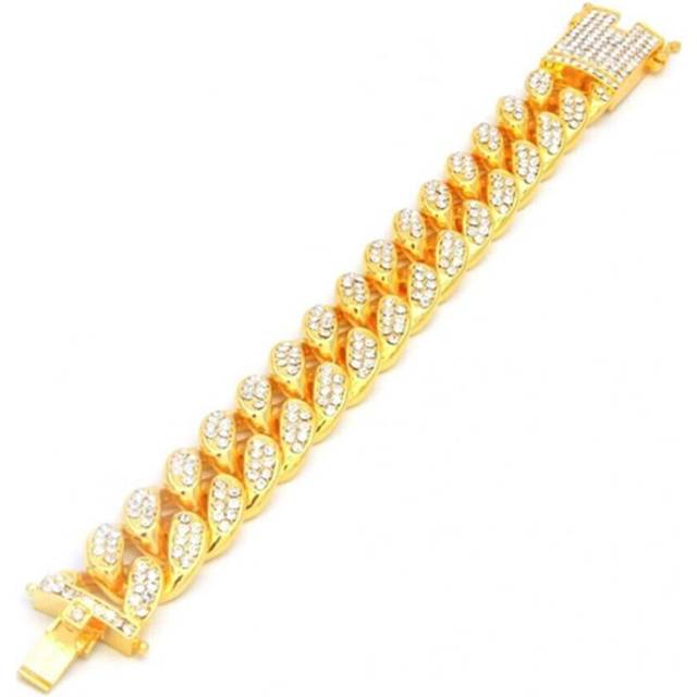 (golden) Hip Hop Men Cuban Link Chain Bracelet Shiny Rhinestone Inlaid Bangle Jewelry