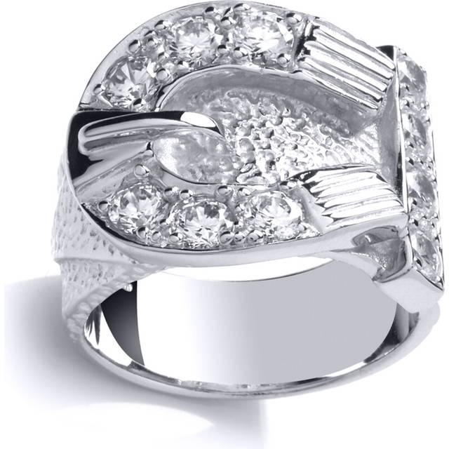 (V) Jewelco London Mens Sterling Silver Cubic Zirconia Hammered Belt Buckle Signet Ring - GVR773