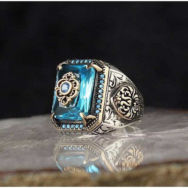 (black, 9) Vintage Hand Engraved Pattern Turkish Signet Ring For Men Fashion Set Green Stone Seal Islamic Muslim Jewelry