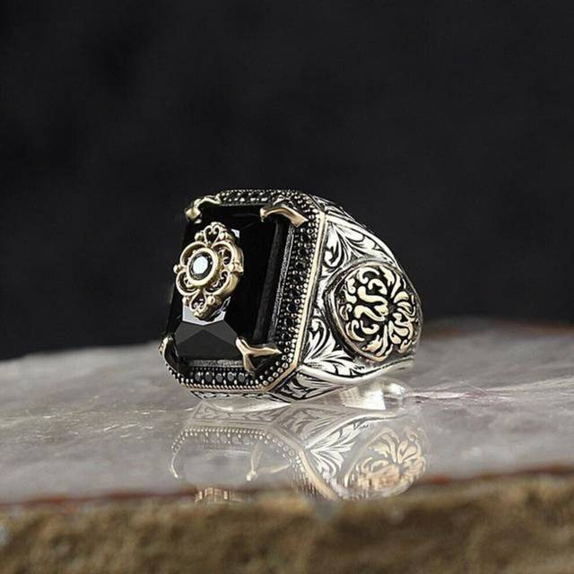 (green, 7) Vintage Hand Engraved Pattern Turkish Signet Ring For Men Fashion Set Green Stone Seal Islamic Muslim Jewelry