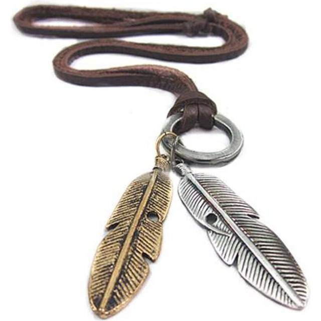 Cool Unisex Vintage Charms Choker 2 Wings Feather Pendant Leather Long Necklace