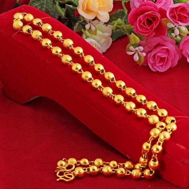 (as the picture, Gold  60cm) 24k Gold-plated 6 Mm Solid Beaded Necklace Pendant Men&apos;s And Women&apos;s Wedding Anniversary Birthday Gold Jewelry