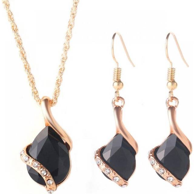 (black) Chic Style Ladies Rhinestone Choker Chain Necklace Drop Earrings Jewelry Set - Black