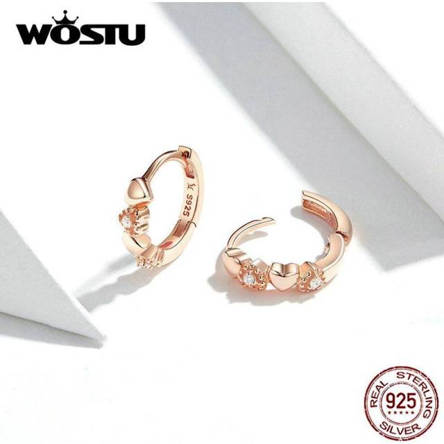 (rose gold) WOSTU Real 925 Sterling Silver Forever Love Heart, Black CZ Stud Earrings For Women Silver Earrings
