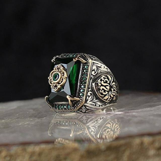 (white, 7) Vintage Hand Engraved Pattern Turkish Signet Ring For Men Fashion Set Green Stone Seal Islamic Muslim Jewelry