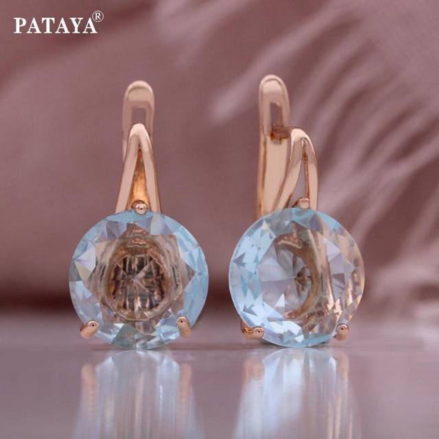 Pataya 585 Rose Gold Color Inlaid Blue Color Round Artificial Zircon Earrings