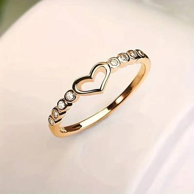 (gold, 6) 1pc Fashion Heart Shape Simple Hollow Golden Plated Silvery Rose Golden Ring