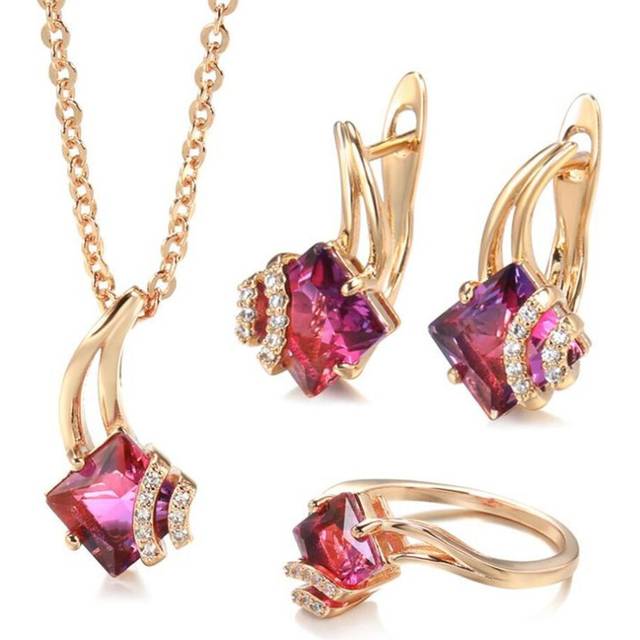 (8) Kinel Shiny Red Natural Zircon Jewelry Sets Rose Gold Color Vintage Necklace Earrings And Ring Sets