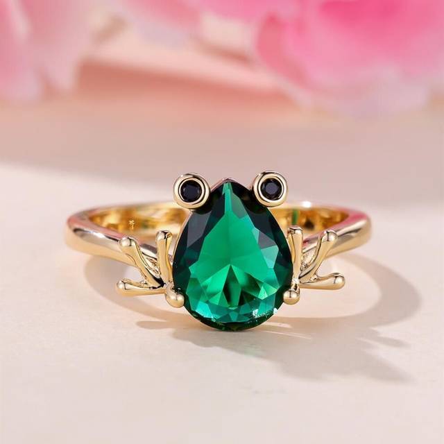 (gold,green, 10) Cute Green Zircon Frog Ring For Women Unique Yellow Gold Color Animal Ring Personalized Jewelry
