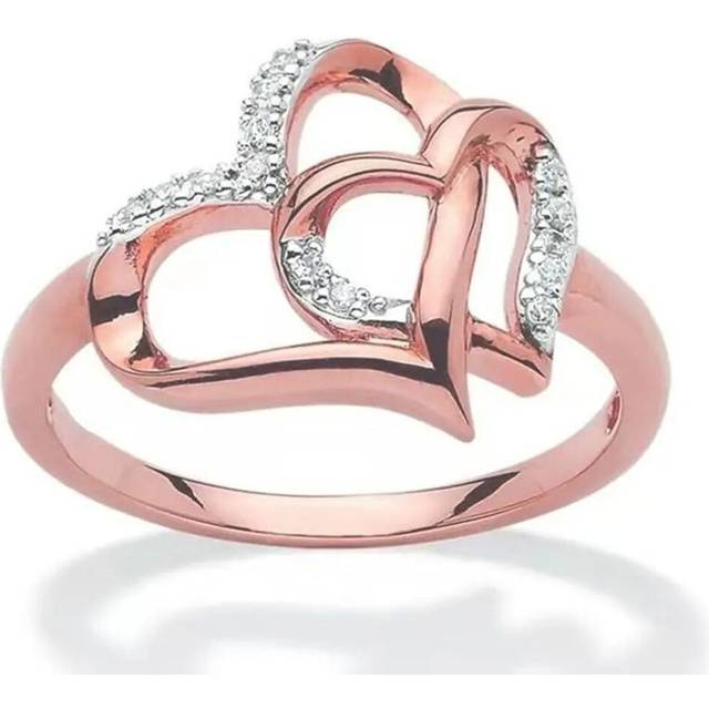 (rose gold, 8) 1pc Double Heart Hollow Love Proposal Artificial Diamond Ring For Men And Women Couple Ring Jewelry Gift