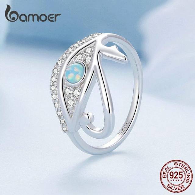 (6) Bamoer 925 Sterling Silver Blue Opal Lucky Eye Of Horus Ring Pave Setting Cz For Women Birthday Gift Fine Jewelry