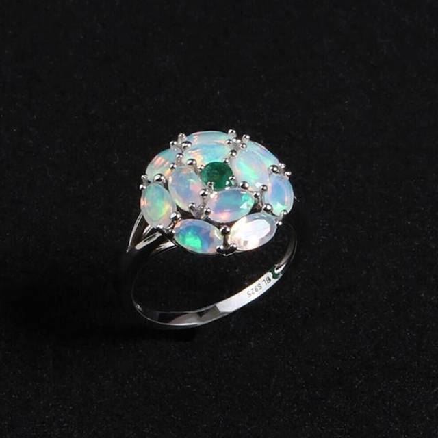 (multicolor, US RING SIZE:8#) Light Luxury Round Design Color Rich Natural Opal Gemstone Ring 925 Sterling Silver Fine Jewelry For Women Gift