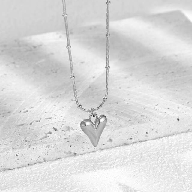 (QYH395 Heart Shape Necklace Steel*2) Stainless Steel Love Heart Pendant Necklace For Women Girls Gold Color Steel Color Kpop Korean Style Clavicle Ch