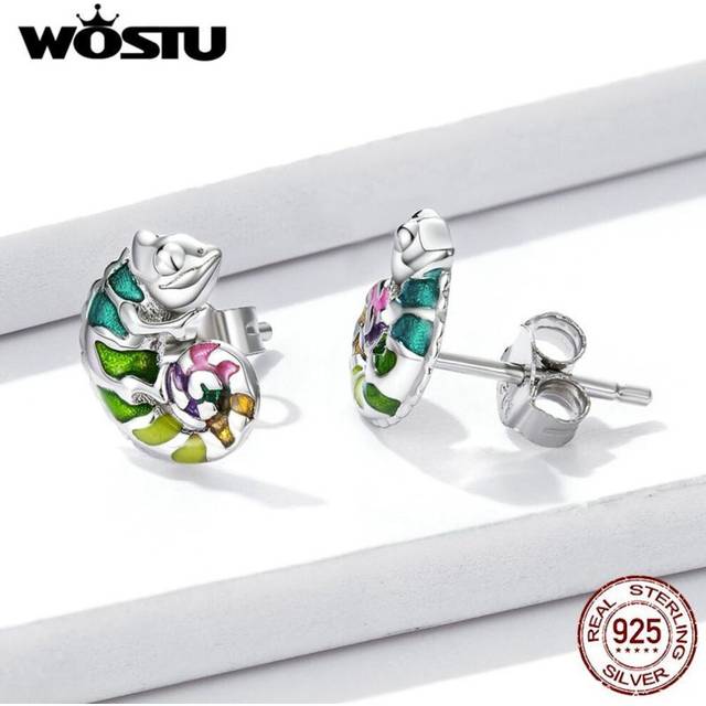 (925 silver) Wostu Genunie 925 Sterling Silver Mini Chameleon Ear Studs For Women Plated Platinum Stud Earrings Brand Fine Jewelry