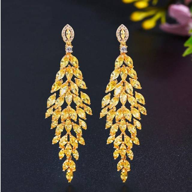 (yellow) Wwj Yellow Cubic Zirconia Long Leaf Pin Earrings Dangle Earrings