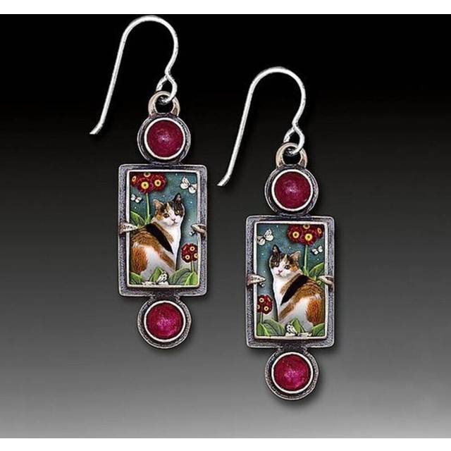 (as the picture) Cat Pattern Geometric Earrings Retro Rectangular Metal Inlaid With Red Gems Handmade Earrings