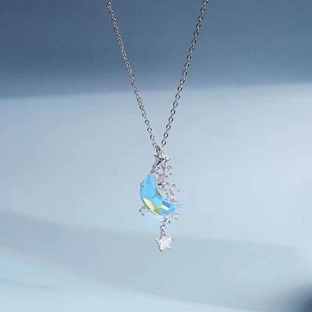 Star Moon Moonstone Titanium Steel Chain Necklace Romantic Pendant Jewelry