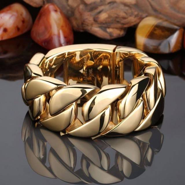 (gold, 22 cm) 31mm 316l Stainless Steel Curb Cuban Bracelet Huge Heavy Link Chain Jewelry Mens Boys Bike Bracelet