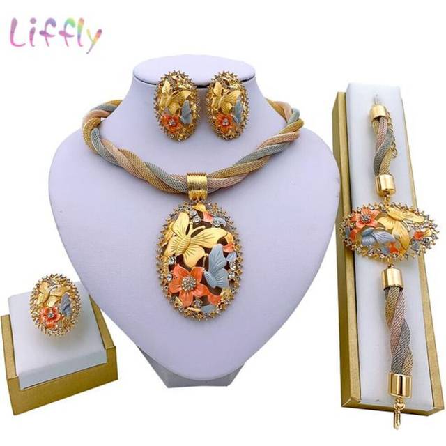 (clear, 45cm) African Jewelry Charm Necklace Earrings Dubai Gold Jewelry Sets For Women Wedding Bridal Bracelet Ring Pendant Jewelry Set