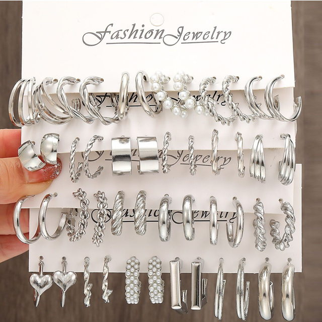 (AYA4) 60 Pcs/Set Fashion Earrings For Women Boho Vintage Silver Color Geometric Design Pearl Rhinestone