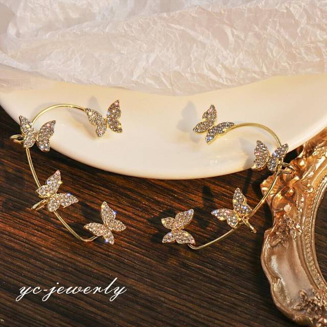 (gold, Left*1pc) 1pcs Korean Fashion Rhinestone Butterfly Ear Clips Without Piercing For Women Girls Sparkling Zircon Ear Cuff Clip Earrings Wedding J