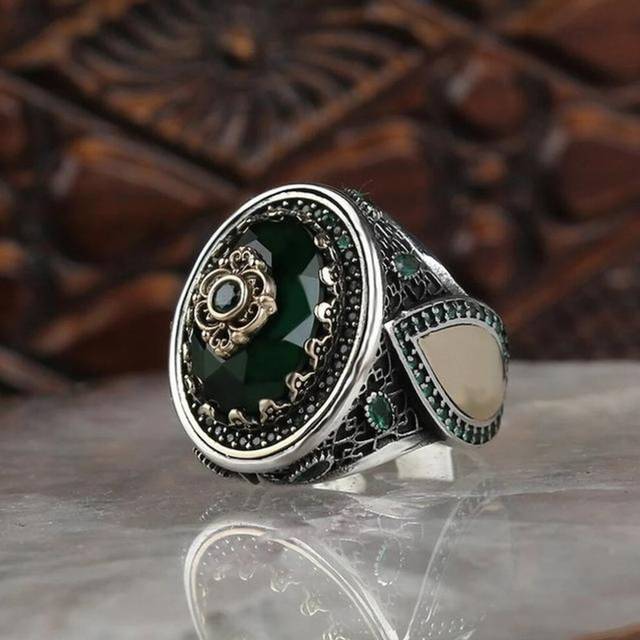 (purple, 10) Vintage Hand Engraved Pattern Turkish Signet Ring For Men Fashion Set Green Stone Seal Islamic Muslim Jewelry