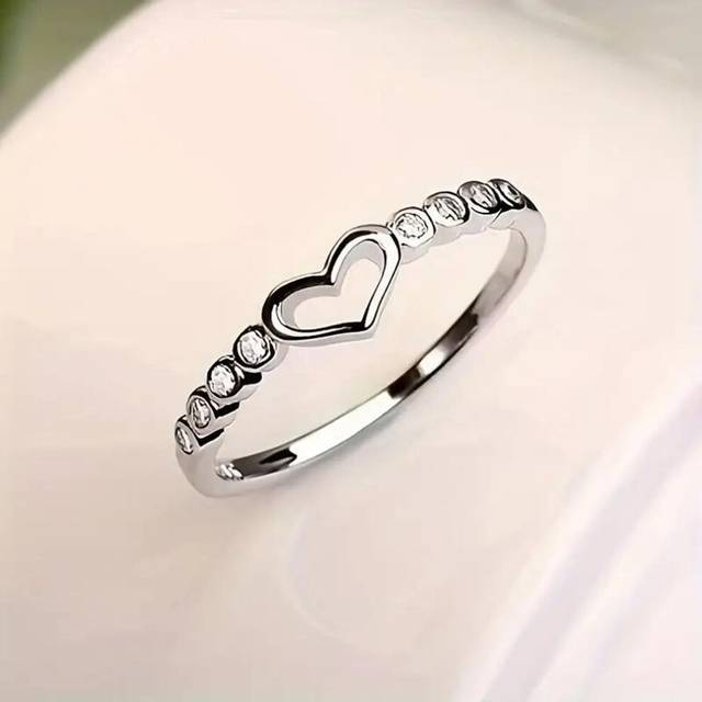 (silver, 9) 1pc Fashion Heart Shape Simple Hollow Golden Plated Silvery Rose Golden Ring
